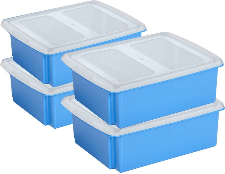 Sunware set van 4x opslagboxen 17 liter blauw 45 x 36 x 14 cm met afsluitbare deksel Opbergbox