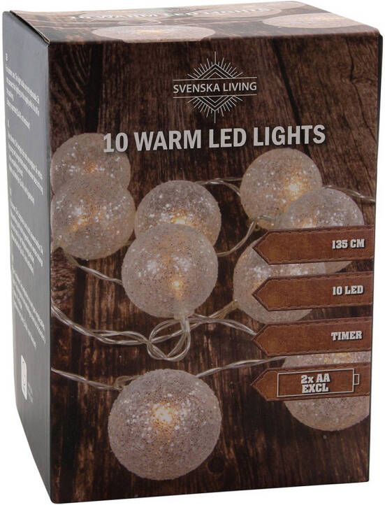 Svenska Living Lichtsnoer 10 witte glitter bollen D5 cm -warm wit batterij- 135 cm Lichtsnoeren