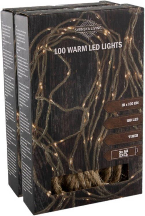 Svenska Living Set van 2x stuks touwverlichting lichtsnoeren op batterij warm wit 100 leds Lichtsnoeren