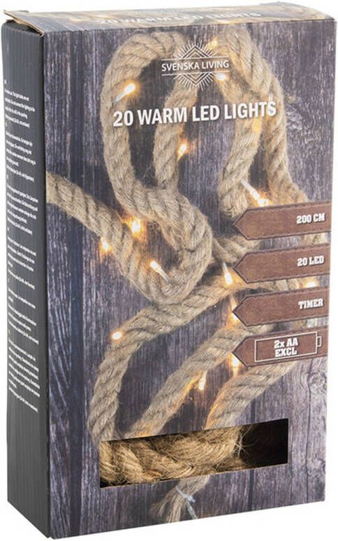 Svenska Living Touwverlichting jute op batterijen met 20 lampjes warm wit 200 cm Kerstverlichting lichtsnoeren kerstversiering Lichtsnoeren