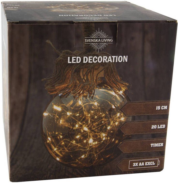Svenska Living Verlichte glazen kerstbal aan touw met 20 lampjes smoky 15 cm met timer kerstverlichting figuur