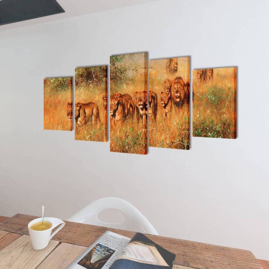 The Living Store 5-panelen canvas muurdruk set 200x100 cm Leeuwenprint