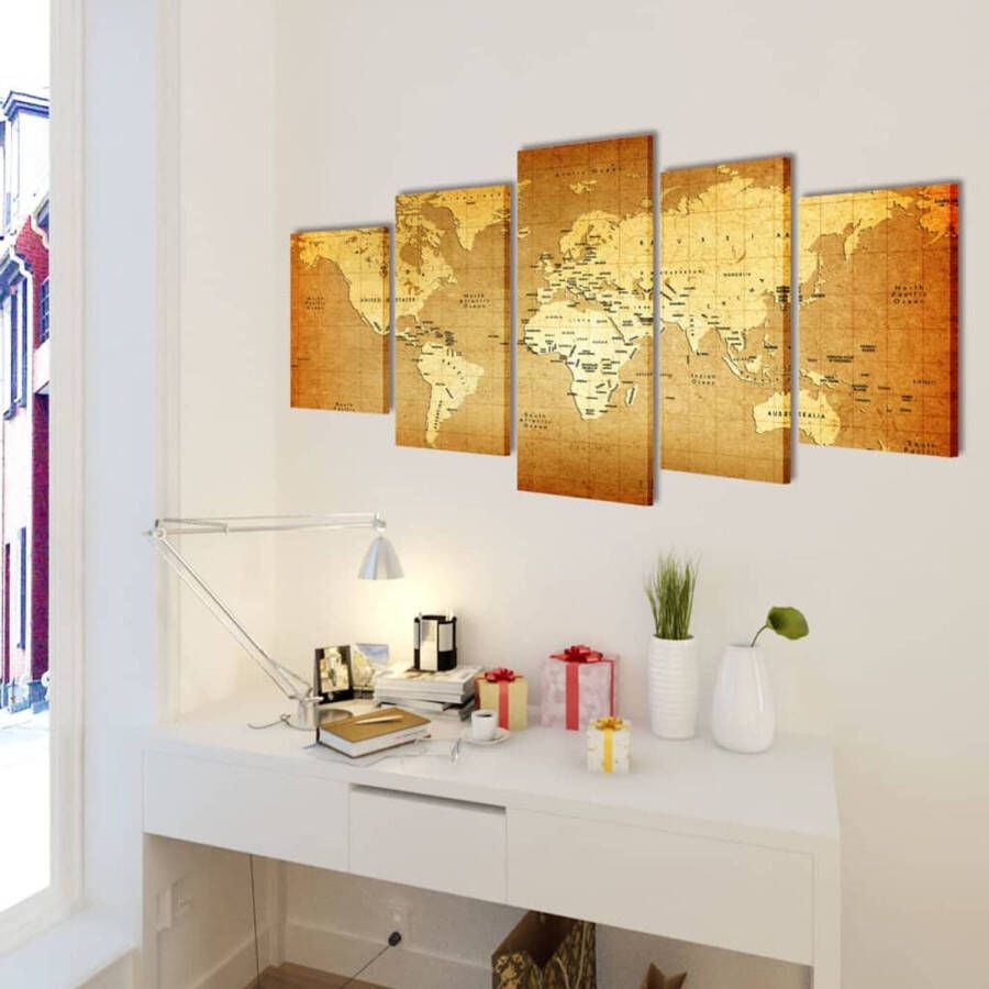 The Living Store 5-panelen Canvas Wereldkaart 200x100cm Houtkader Waterdicht