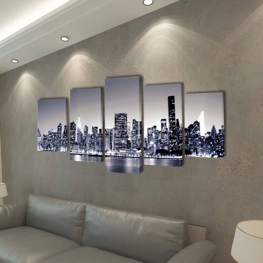 The Living Store Canvas New York skyline 5 panelen 100x50cm Houtkader Waterdicht Eenvoudig op te hangen