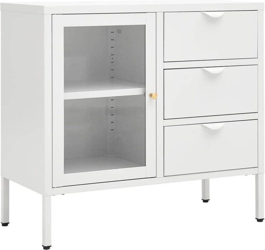 The Living Store Dressoir Staal en Gehard Glas 75 x 35 x 70 cm Verstelbaar schap 3 Lades Wit