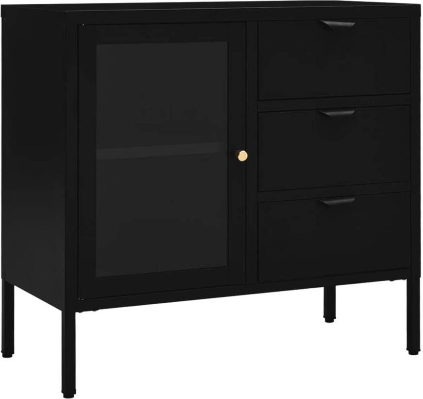 The Living Store Dressoir Staal en gehard glas 75 x 35 x 70 cm Zwart