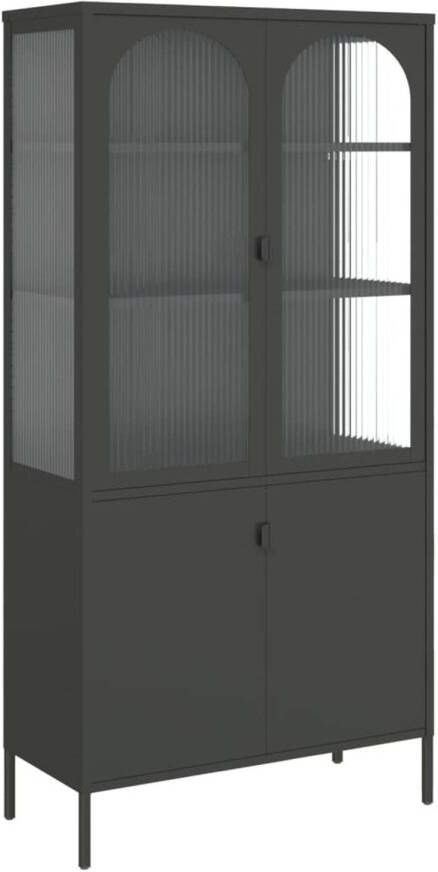 The Living Store Hoge Kast 90 x 40 x 180 cm Zwart Stalen Frame Geribbeld Glas