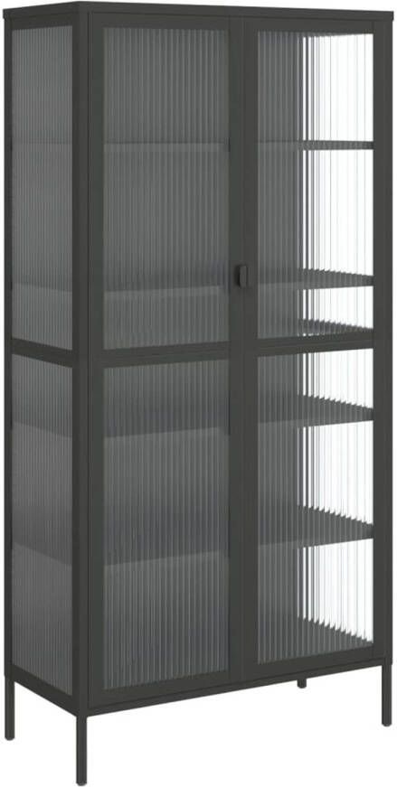 The Living Store Hoge Kast Zwart 85 x 40 x 180 cm Geribbeld Glas Verstelbare Schappen