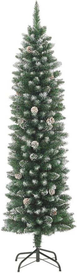 The Living Store Kerstboom Smal Groen Wit 240cm PVC Staal 550 uiteinden Met dennenappels Witte decoratiesneeuw