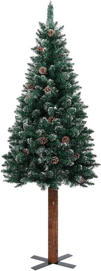 The Living Store Kerstboom Smalle 210cm Groen PVC en Grenenhout Met Sneeuw en Dennenappels