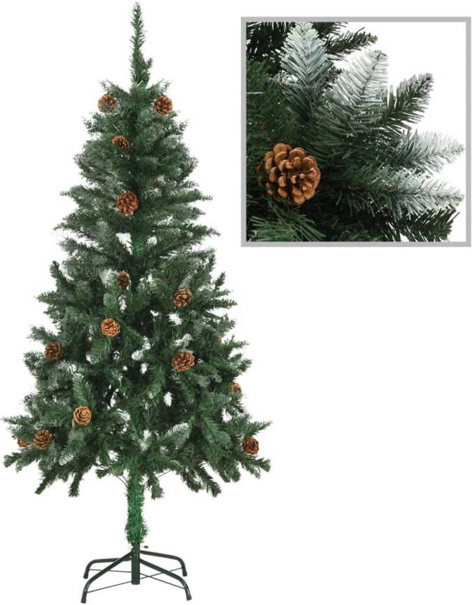 The Living Store Kunstkerstboom 150 cm Levensecht Groen en wit Met LED-verlichting Inclusief 18 dennenappels