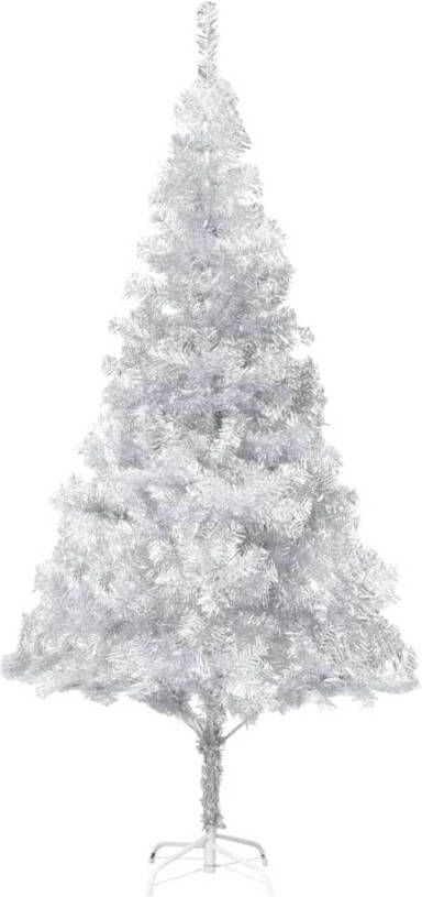 The Living Store Kunstkerstboom Glanzend zilver 210 cm hoog Met LED-verlichting Inclusief kerstballen en piek