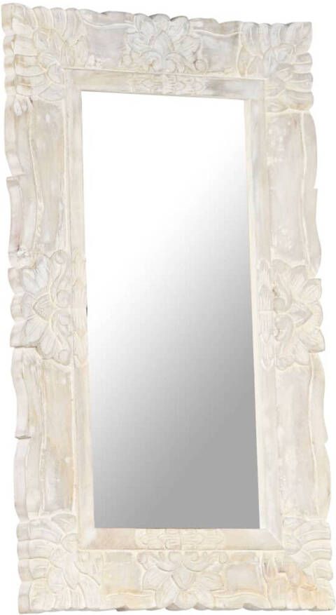 The Living Store Massief mangohouten spiegel 80 x 50 x 2.5 cm Met wit handgesneden patroon