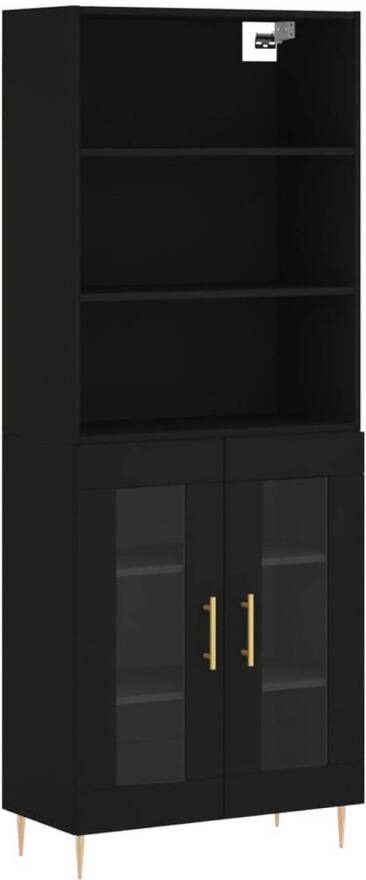 The Living Store Opbergkast Zwarte hoge kast Bewerkt hout metaal glas 69.5 x 34 x 180 cm