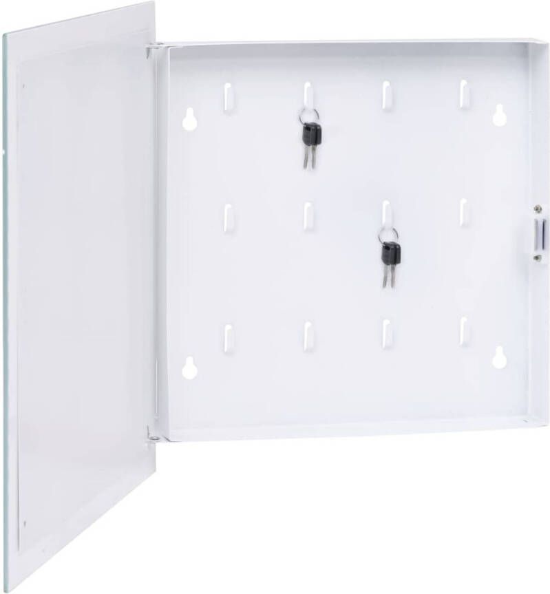 The Living Store Sleutelkast Stalen sleutelkast met magnetische voordeur 12 haken Gehard glas Wit 35 x 35 x