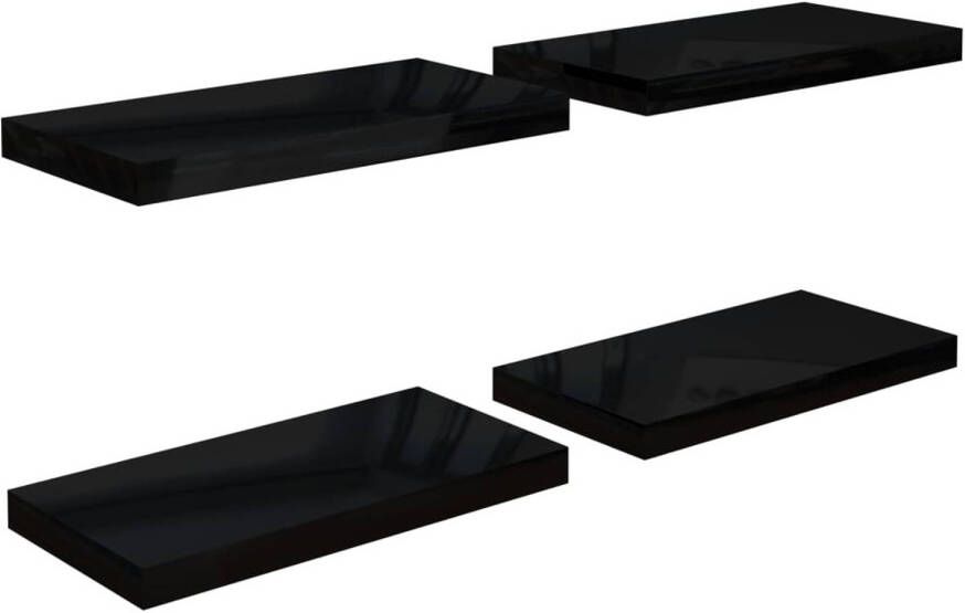 The Living Store Wandplanken Set van 4 50 x 23 x 3.8 cm Hoogglans zwart Honingraat MDF en metaal