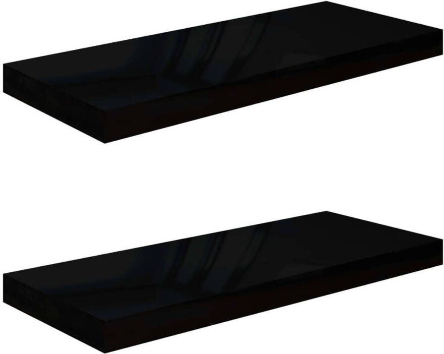 The Living Store Wandplanken Stijlvol Set van 2 Hoogglans Zwart Honingraat MDF en Metaal 60 x 23.5 x 3.8 cm