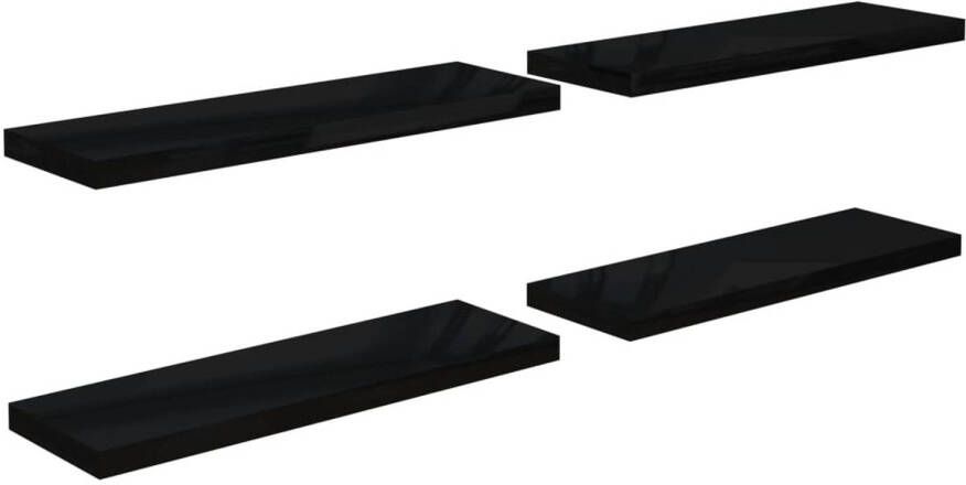 The Living Store Wandplanken Trendy Set van 4 Hoogglans Zwart 80 x 23.5 x 3.8 cm Honingraat MDF en Metaal