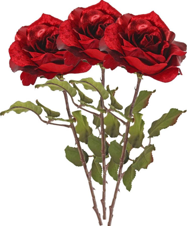 Top Art Kunstbloem roos Glamour 3x rood satijn 61 cm kunststof steel decoratie bloemen Kunstbloemen