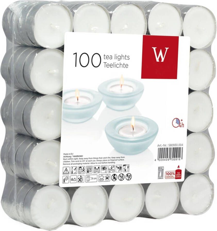 Trend Candles 100x Witte theelichtjes waxinelichtjes 4 branduren Geurloze kaarsen Waxinelichtjes