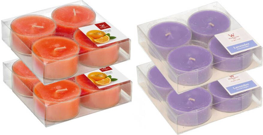 Trend Candles 16x max-size geurkaarsen theelichtjes lavendel en sinaasappel 8 branduren geurkaarsen