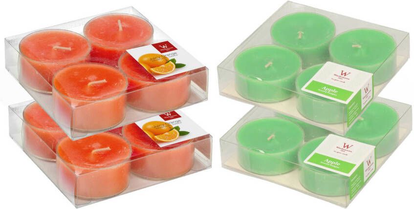 Trend Candles 16x max-size geurkaarsen theelichtjes sinaasappel en appel 8 branduren geurkaarsen