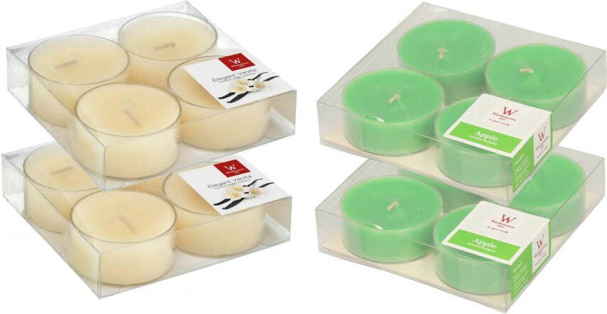Trend Candles 16x max-size geurkaarsen theelichtjes vanille en appel 8 branduren geurkaarsen
