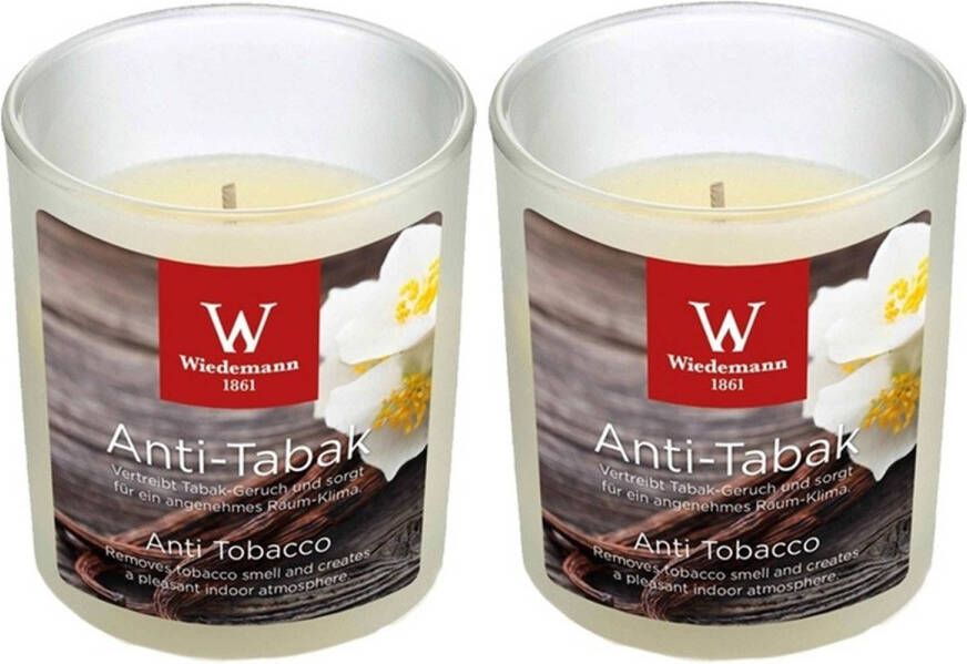 Trend Candles 2x Geurkaarsen anti tabak vanille in glazen houder 25 branduren geurkaarsen
