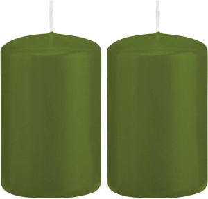 Trend Candles 2x Olijfgroene cilinderkaarsen stompkaarsen 5 x 8 cm 18 branduren Geurloze kaarsen olijf groen Woondecoraties Stompkaarsen