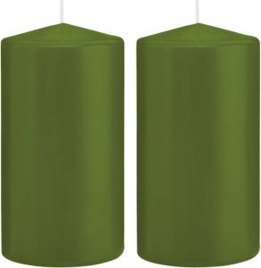 Trend Candles 2x Olijfgroene cilinderkaarsen stompkaarsen 8 x 15 cm 69 branduren Geurloze kaarsen olijf groen Woondecoraties Stompkaarsen