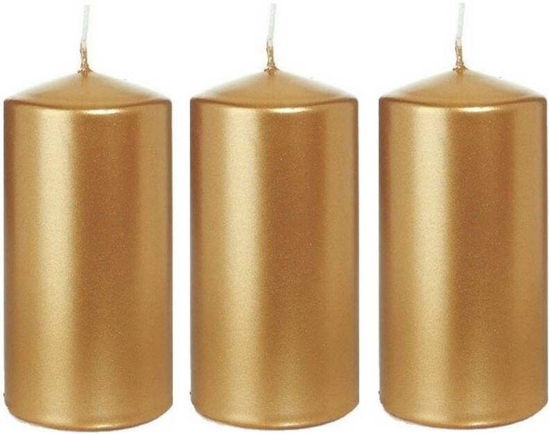 Trend Candles 3x Gouden cilinderkaars stompkaars 6 x 12 cm 40 branduren Geurloze goud-kleurige kaarsen Stompkaarsen