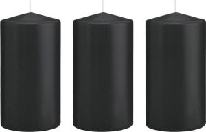 Trend Candles 3x Zwarte cilinderkaarsen stompkaarsen 8 x 15 cm 69 branduren Stompkaarsen