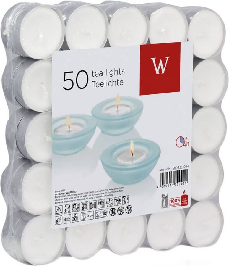 Trend Candles 50x Witte theelichtjes waxinelichtjes 4 branduren Geurloze kaarsen Waxinelichtjes
