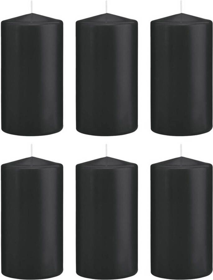 Trend Candles 6x Zwarte cilinderkaarsen stompkaarsen 8 x 15 cm 69 branduren Stompkaarsen