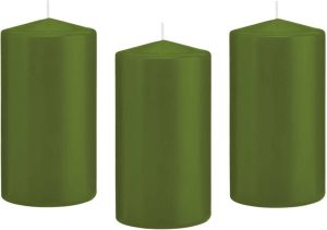 Trend Candles 8x Olijfgroene cilinderkaarsen stompkaarsen 8 x 15 cm 69 branduren Geurloze kaarsen olijf groen Stompkaarsen