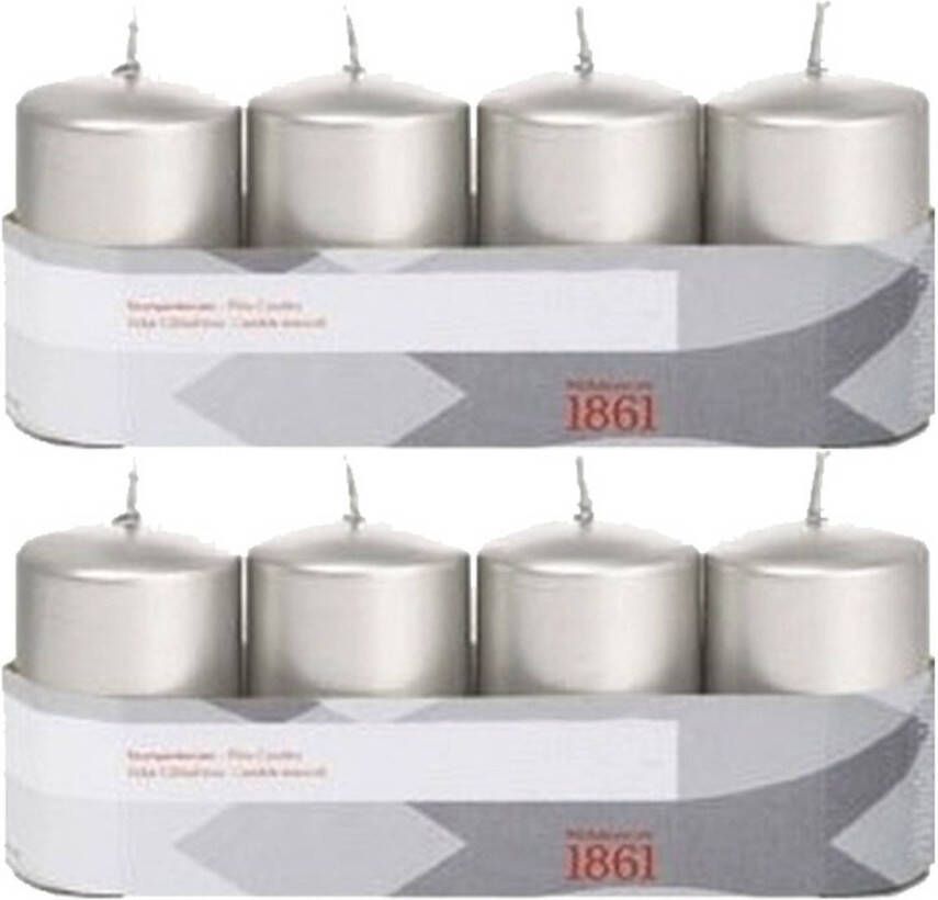 Trend Candles 8x Zilveren cilinderkaarsen stompkaarsen 5 x 8 cm 18 branduren Stompkaarsen