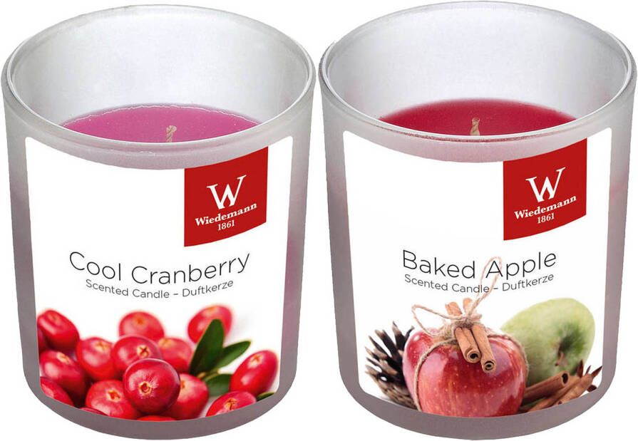 Trend Candles Geurkaarsen set van 4x stuks in glazen houder appel en cranberry 25 branduren geurkaarsen