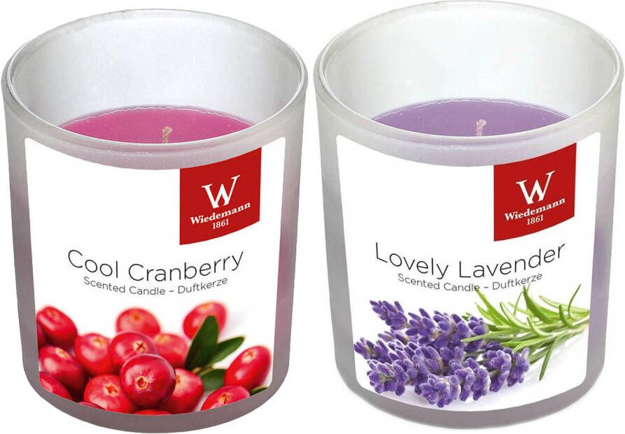 Trend Candles Geurkaarsen set van 4x stuks in glazen houder cranberry en lavendel 25 branduren geurkaarsen