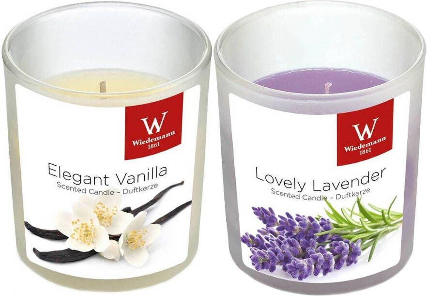 Trend Candles Geurkaarsen set van 4x stuks in houder vanille en lavendel 25 branduren geurkaarsen