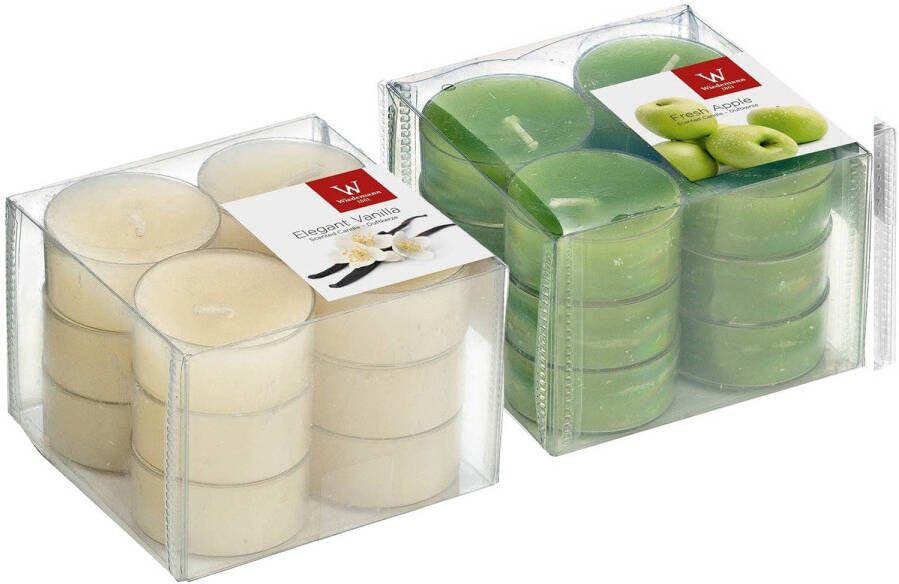 Trend Candles Pakket Geurkaarsen theelichtjes 24 stuks appel vanille 4 branduren geurkaarsen