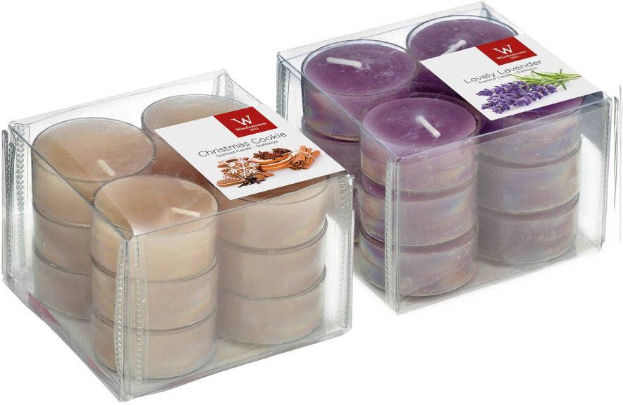 Trend Candles Pakket Geurkaarsen theelichtjes 24 stuks lavendel peperkoekjes 4 branduren geurkaarsen