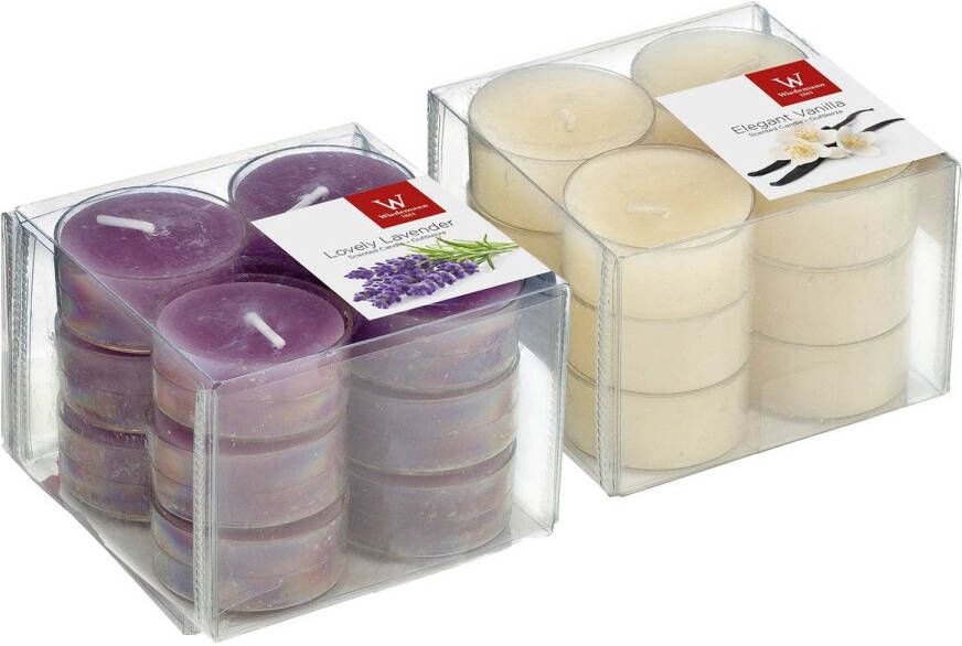 Trend Candles Pakket Geurkaarsen theelichtjes 24 stuks lavendel vanille 4 branduren geurkaarsen