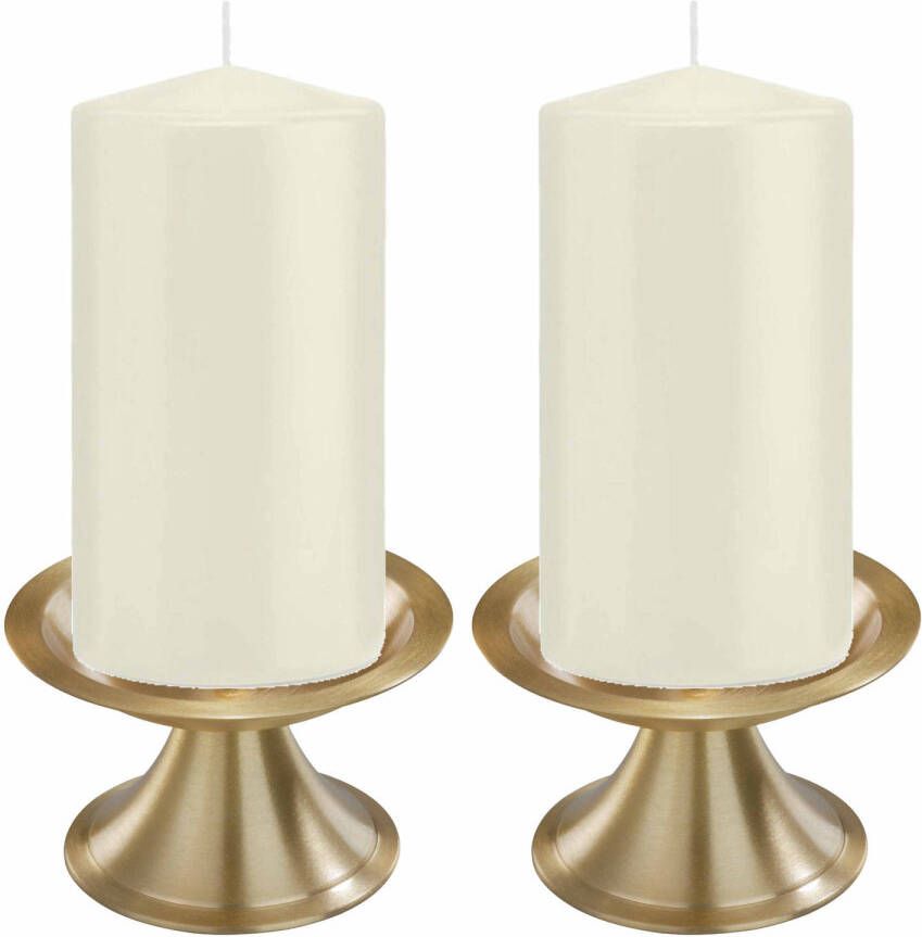 Trend Candles Set van 2x Ivoor witte cilinderkaarsen stompkaarsen 8 x 15 cm met 2x gouden kaarsenhouders Stompkaarsen