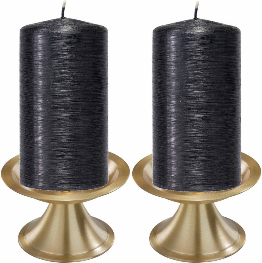 Trend Candles Set van 2x zwarte cilinderkaarsen stompkaarsen 7 x 13 cm met 2x gouden kaarsenhouders Stompkaarsen