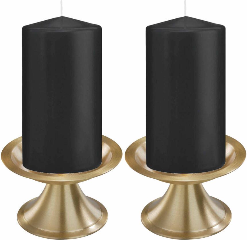 Trend Candles Set van 2x zwarte cilinderkaarsen stompkaarsen 8 x 15 cm met 2x gouden kaarsenhouders Stompkaarsen