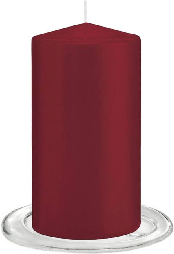 Trend Candles Stompkaarsen met glazen onderzetters set van 2x stuks bordeaux rood 8 x 15 cm Stompkaarsen