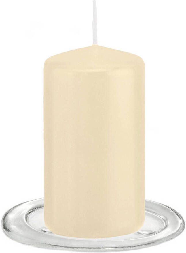 Trend Candles Stompkaarsen met glazen onderzetters set van 2x stuks creme wit 6 x 12 cm Stompkaarsen