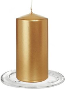 Trend Candles Stompkaarsen met glazen onderzetters set van 2x stuks goud metallic 6 x 12 cm Stompkaarsen