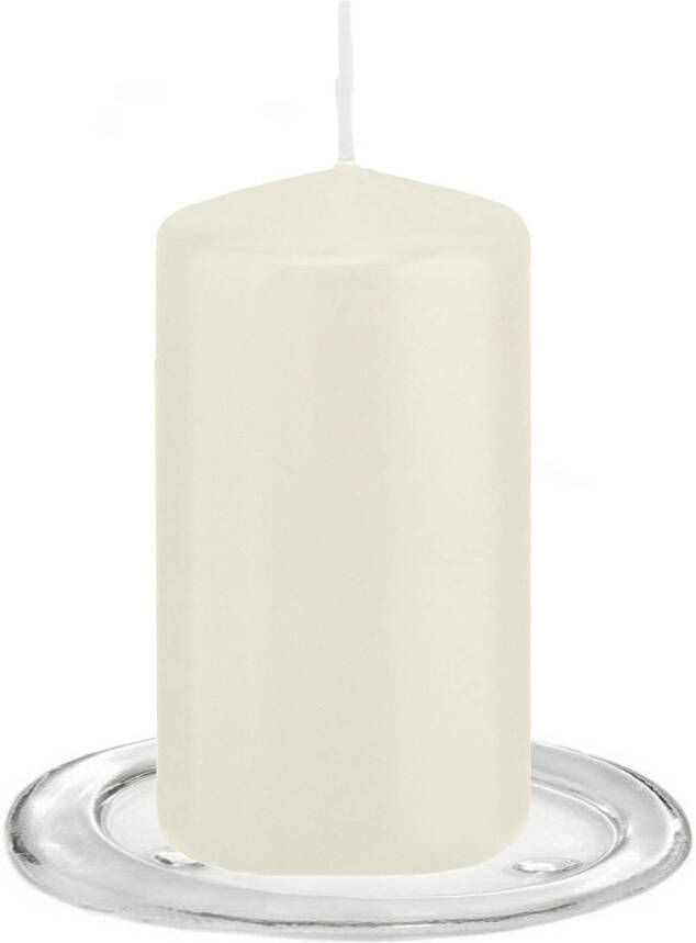 Trend Candles Stompkaarsen met glazen onderzetters set van 2x stuks ivoor wit 6 x 12 cm Stompkaarsen