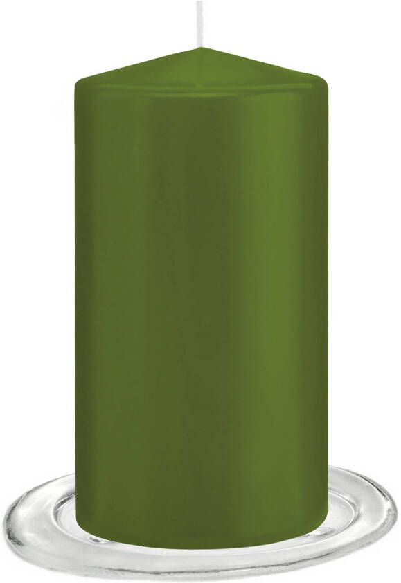 Trend Candles Stompkaarsen met glazen onderzetters set van 2x stuks olijf groen 8 x 15 cm Stompkaarsen